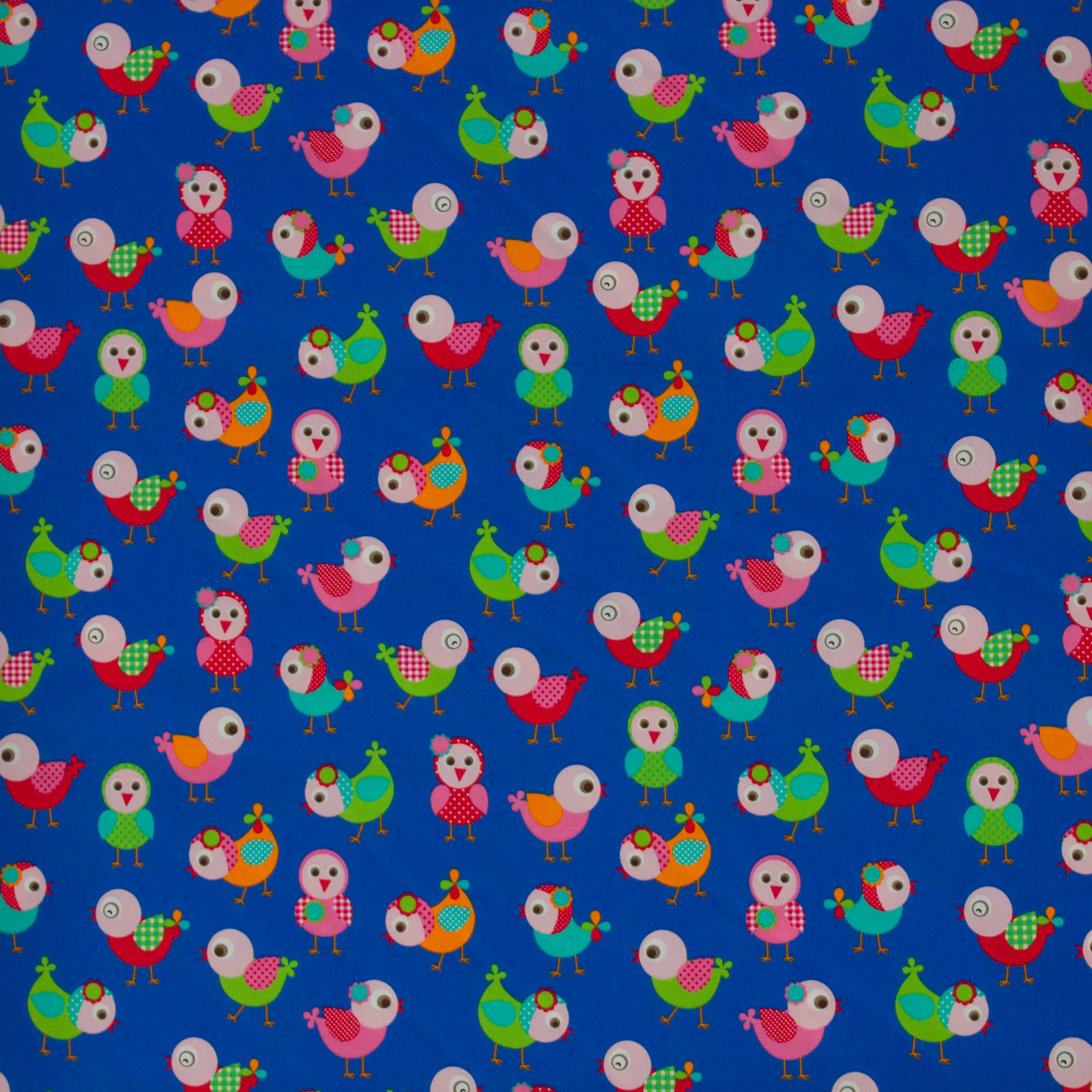 Katoen blauw met cartoon kippen/vogels